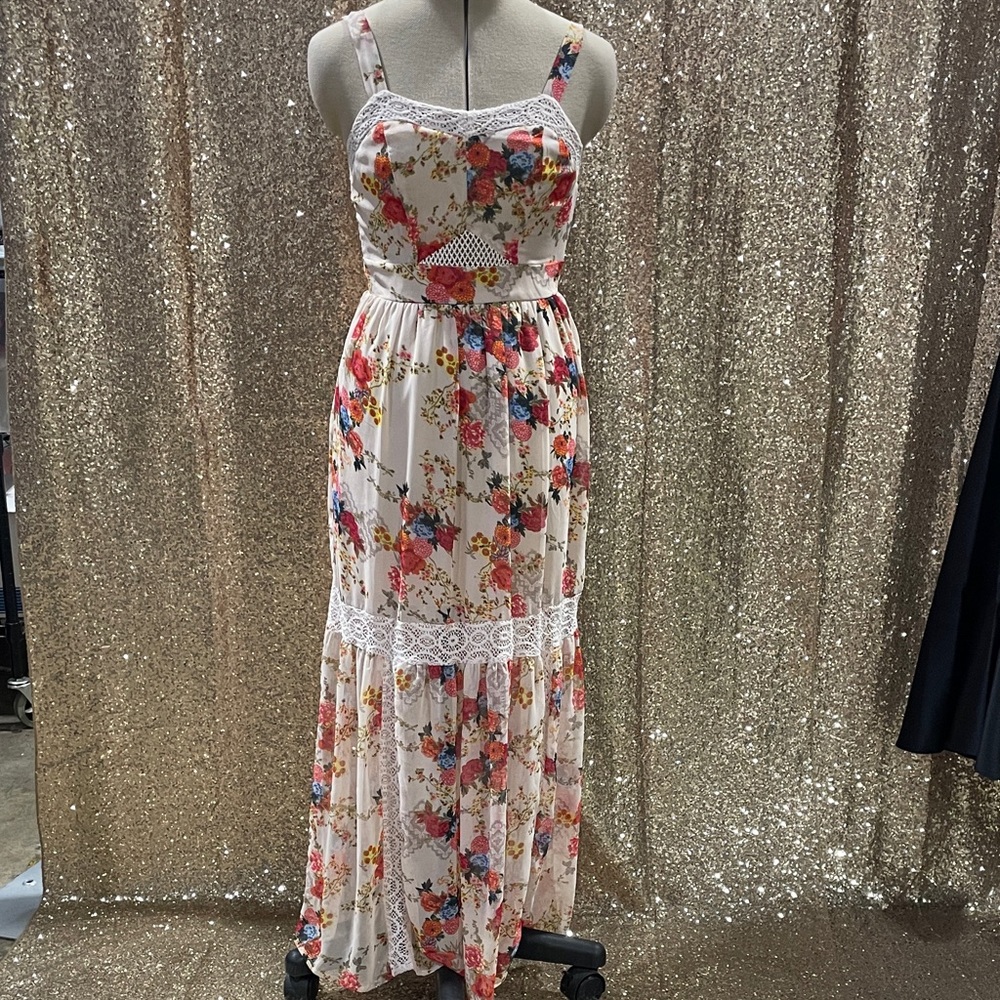 love, Fire Multicolor Floral Maxi Dress with Lace